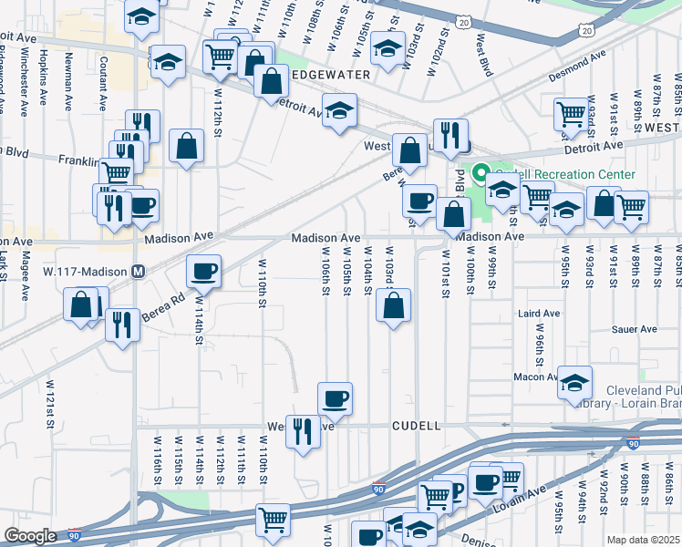 map of restaurants, bars, coffee shops, grocery stores, and more near in Cleveland
