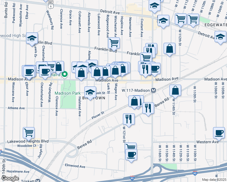 map of restaurants, bars, coffee shops, grocery stores, and more near 12201 Madison Avenue in Lakewood