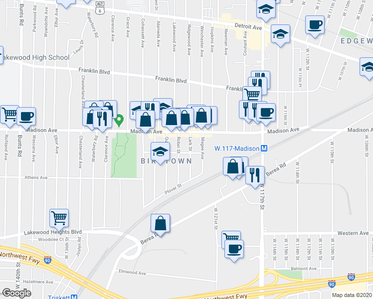 map of restaurants, bars, coffee shops, grocery stores, and more near in Lakewood