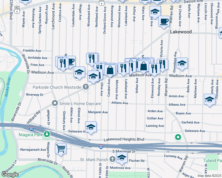 map of restaurants, bars, coffee shops, grocery stores, and more near 2025 Carabel Avenue in Lakewood