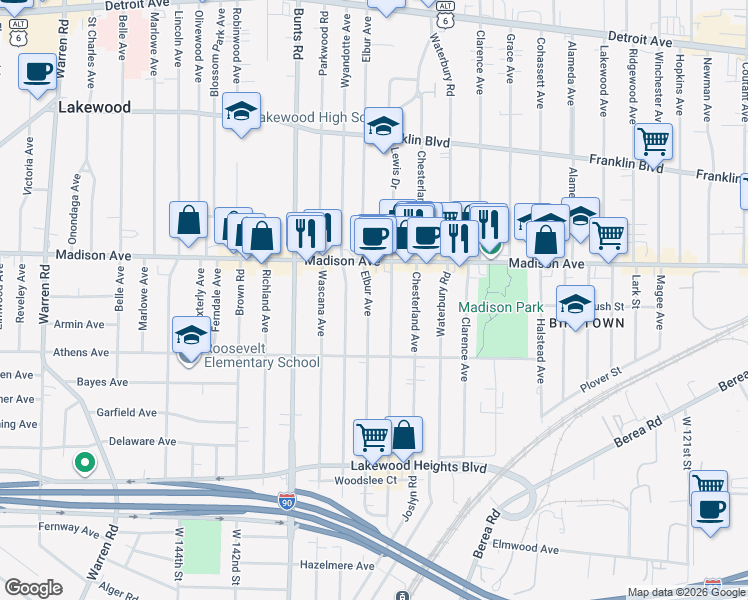map of restaurants, bars, coffee shops, grocery stores, and more near 2017 Elbur Avenue in Lakewood