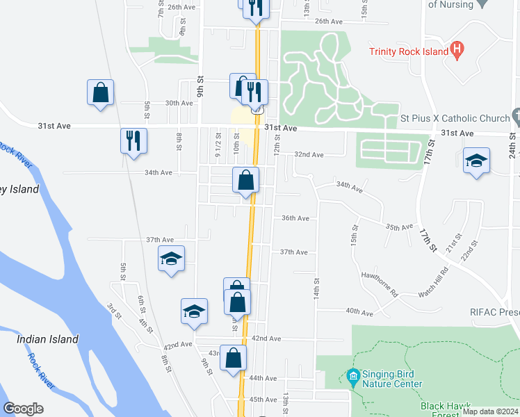map of restaurants, bars, coffee shops, grocery stores, and more near 3501 11th Street in Rock Island