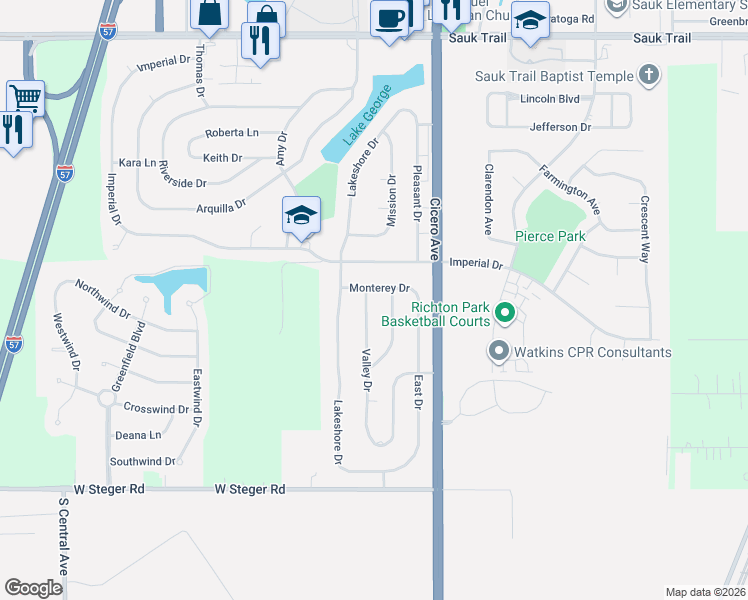 map of restaurants, bars, coffee shops, grocery stores, and more near 4912 Monterey Drive in Richton Park