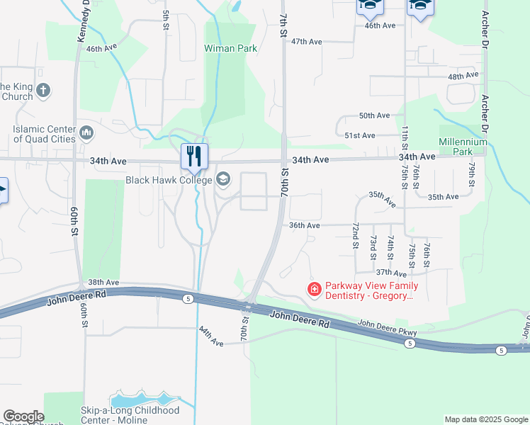 map of restaurants, bars, coffee shops, grocery stores, and more near 6600 34th Avenue in Moline