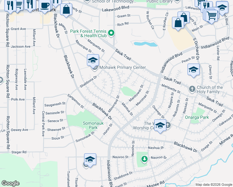 map of restaurants, bars, coffee shops, grocery stores, and more near 265 Minocqua Street in Park Forest
