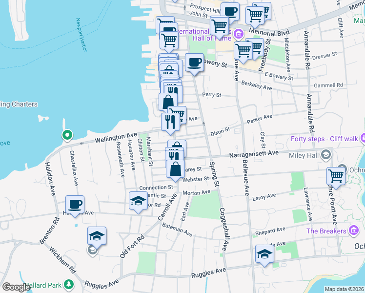 map of restaurants, bars, coffee shops, grocery stores, and more near 26 Dixon Street in Newport