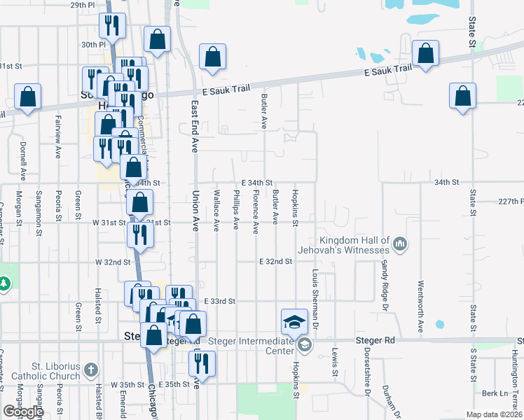map of restaurants, bars, coffee shops, grocery stores, and more near 3012 Butler Avenue in Steger