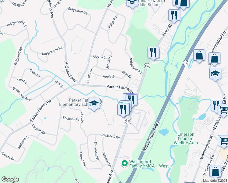 map of restaurants, bars, coffee shops, grocery stores, and more near 15 Parker Farms Road in Wallingford