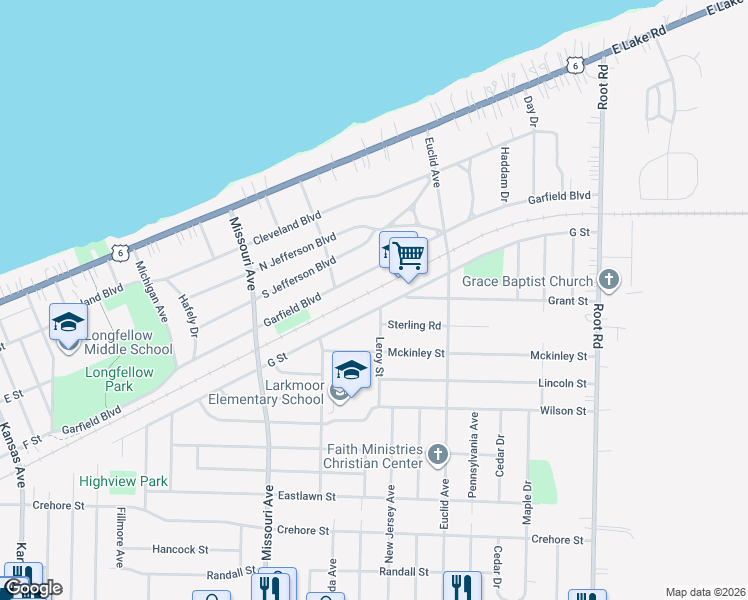 map of restaurants, bars, coffee shops, grocery stores, and more near 2794 Garfield Boulevard in Lorain