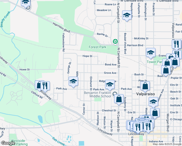map of restaurants, bars, coffee shops, grocery stores, and more near 698 Elmhurst St in Valparaiso