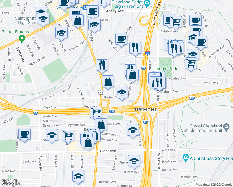 map of restaurants, bars, coffee shops, grocery stores, and more near 89 West 19th Street in Cleveland