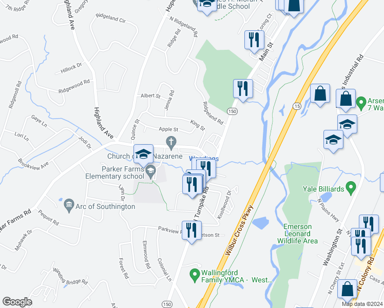 map of restaurants, bars, coffee shops, grocery stores, and more near Evergreene in Wallingford