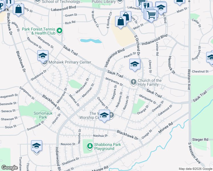 map of restaurants, bars, coffee shops, grocery stores, and more near 311 Indianwood Boulevard in Park Forest