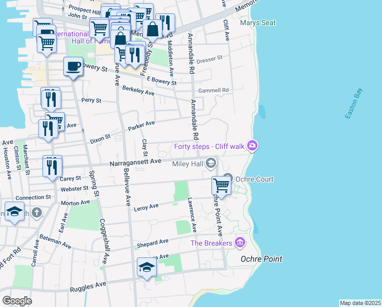 map of restaurants, bars, coffee shops, grocery stores, and more near Ward Avenue in Newport