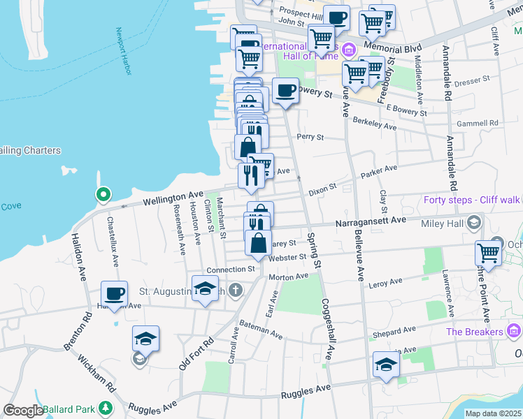 map of restaurants, bars, coffee shops, grocery stores, and more near 26 Dixon Street in Newport