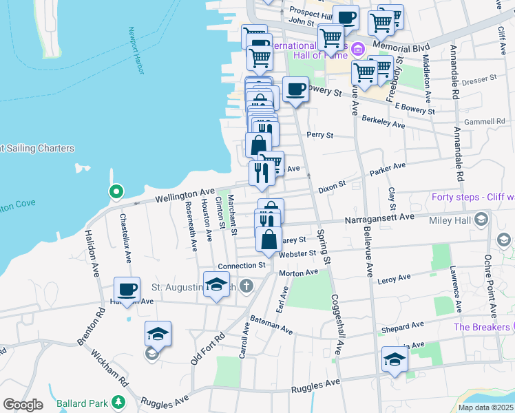 map of restaurants, bars, coffee shops, grocery stores, and more near 2 Sharon Court in Newport