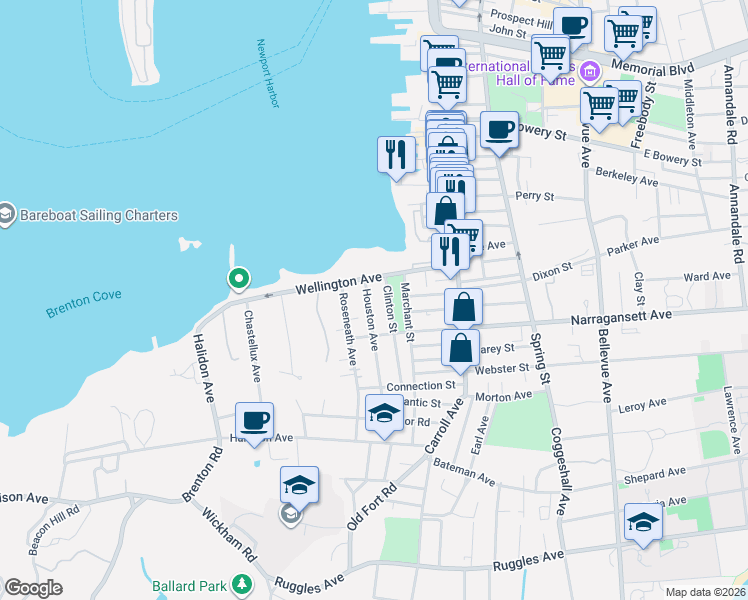 map of restaurants, bars, coffee shops, grocery stores, and more near 97 Wellington Avenue in Newport