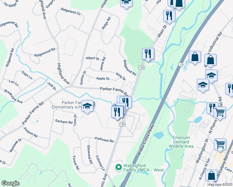 map of restaurants, bars, coffee shops, grocery stores, and more near 15 Parker Farms Road in Wallingford