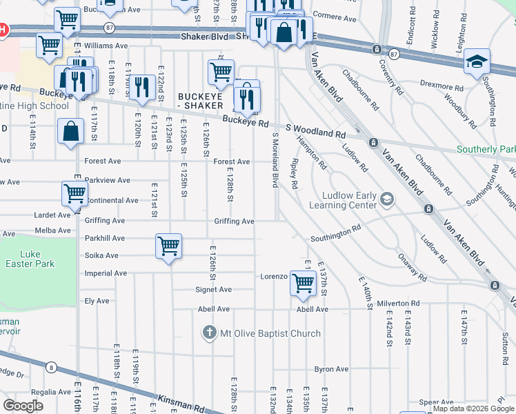 map of restaurants, bars, coffee shops, grocery stores, and more near 3016 South Moreland Boulevard in Cleveland
