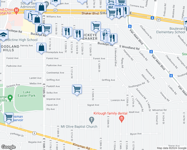 map of restaurants, bars, coffee shops, grocery stores, and more near 3018 East 128th Street in Cleveland