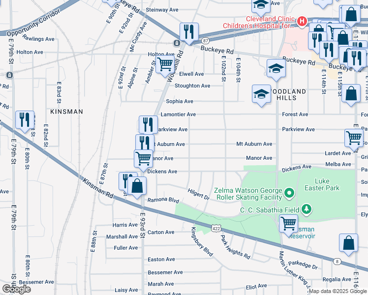 map of restaurants, bars, coffee shops, grocery stores, and more near 9615 Mount Auburn Avenue in Cleveland