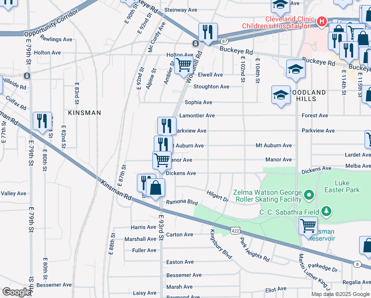 map of restaurants, bars, coffee shops, grocery stores, and more near 9429 Mount Auburn Avenue in Cleveland