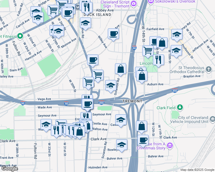map of restaurants, bars, coffee shops, grocery stores, and more near 89 West 19th Street in Cleveland