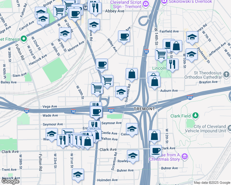 map of restaurants, bars, coffee shops, grocery stores, and more near 89 West 19th Street in Cleveland