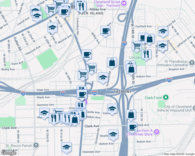 map of restaurants, bars, coffee shops, grocery stores, and more near 89 West 19th Street in Cleveland