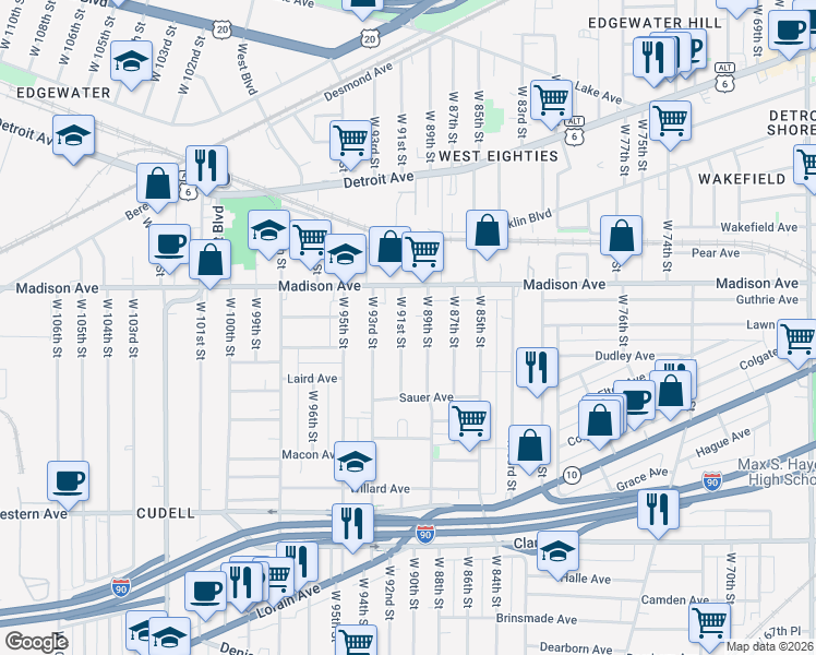 map of restaurants, bars, coffee shops, grocery stores, and more near 2016 West 89th Street in Cleveland