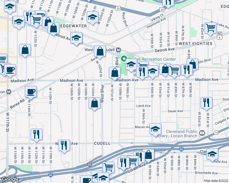 map of restaurants, bars, coffee shops, grocery stores, and more near 2003 West Boulevard in Cleveland