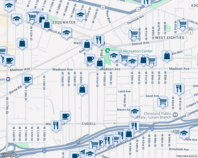 map of restaurants, bars, coffee shops, grocery stores, and more near 2003 West Boulevard in Cleveland
