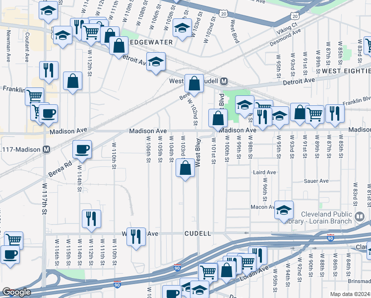 map of restaurants, bars, coffee shops, grocery stores, and more near 2018 West Boulevard in Cleveland