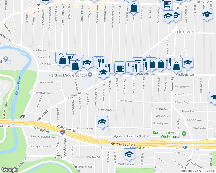 map of restaurants, bars, coffee shops, grocery stores, and more near 16101 Hilliard Road in Lakewood