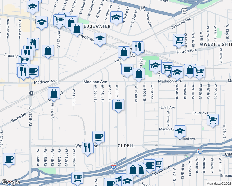 map of restaurants, bars, coffee shops, grocery stores, and more near 2038 West 103rd Street in Cleveland