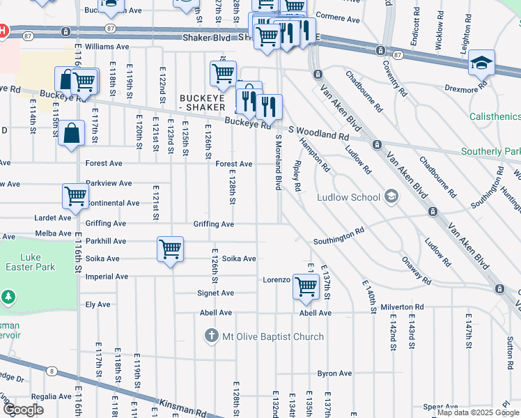 map of restaurants, bars, coffee shops, grocery stores, and more near 3016 South Moreland Boulevard in Cleveland