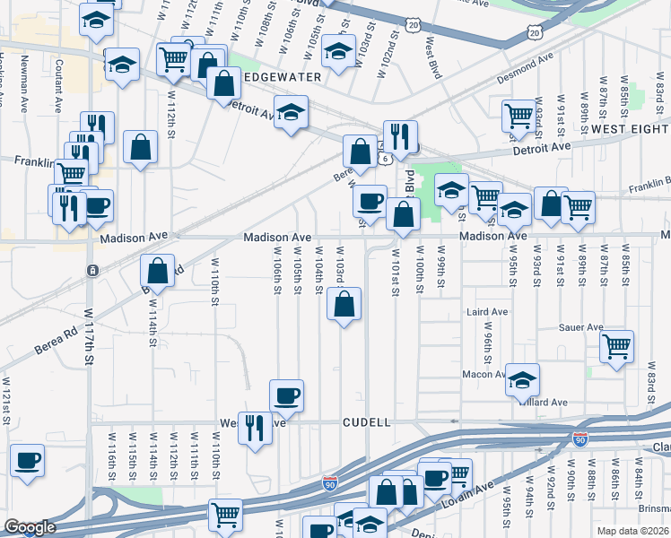 map of restaurants, bars, coffee shops, grocery stores, and more near 2038 West 103rd Street in Cleveland