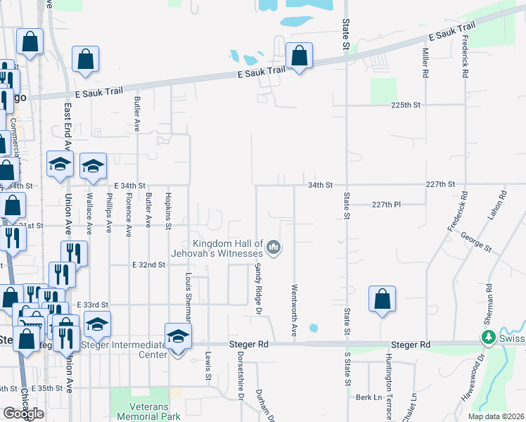 map of restaurants, bars, coffee shops, grocery stores, and more near 3013 Sandy Ridge Drive in Steger