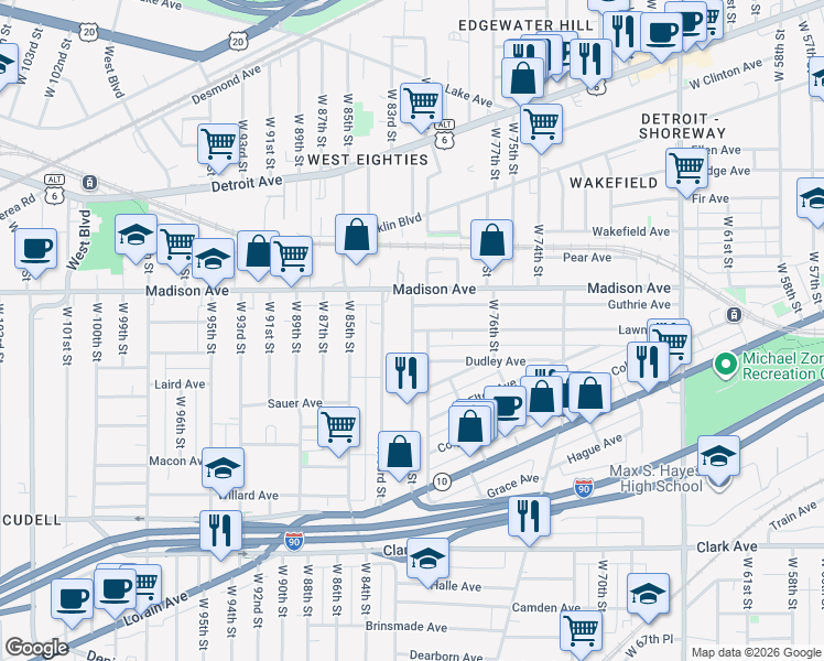 map of restaurants, bars, coffee shops, grocery stores, and more near West 81st Street in Cleveland