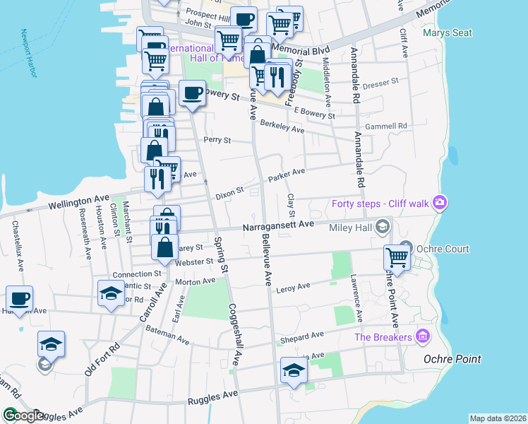 map of restaurants, bars, coffee shops, grocery stores, and more near 401 Bellevue Avenue in Newport