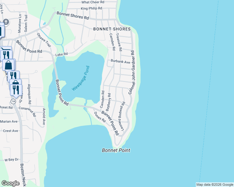 map of restaurants, bars, coffee shops, grocery stores, and more near 140 Treasure Road in Narragansett