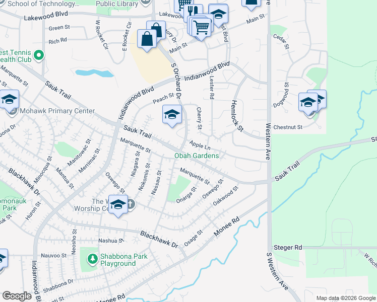 map of restaurants, bars, coffee shops, grocery stores, and more near 243 South Orchard Drive in Park Forest
