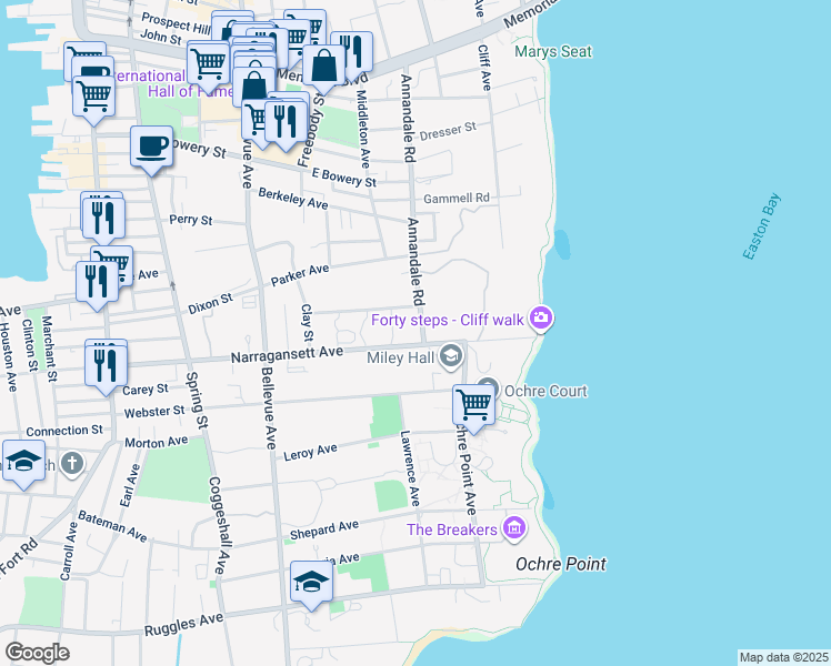 map of restaurants, bars, coffee shops, grocery stores, and more near 158 Narragansett Avenue in Newport