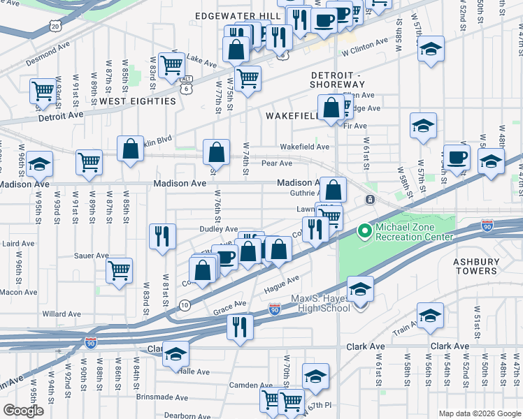 map of restaurants, bars, coffee shops, grocery stores, and more near West 73rd Street in Cleveland