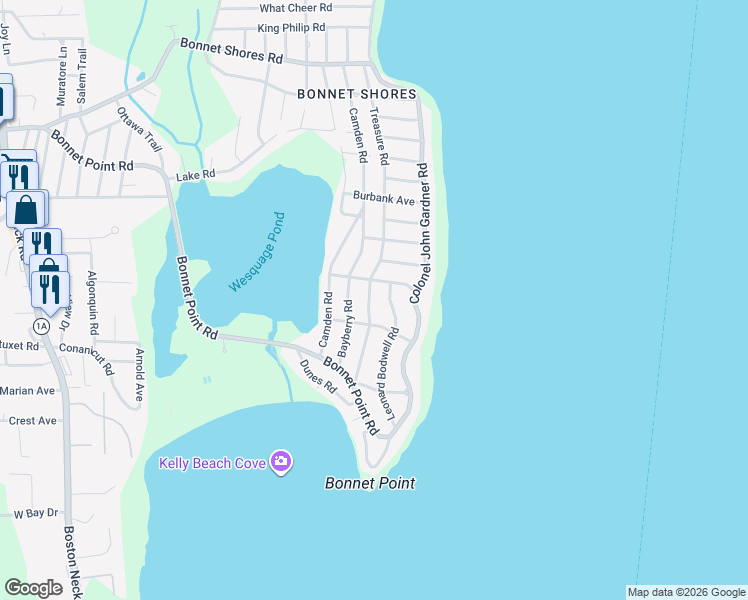 map of restaurants, bars, coffee shops, grocery stores, and more near 17 Richard Smith Road in Narragansett