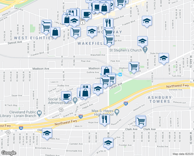 map of restaurants, bars, coffee shops, grocery stores, and more near Lawn Avenue & West 68th Street in Cleveland