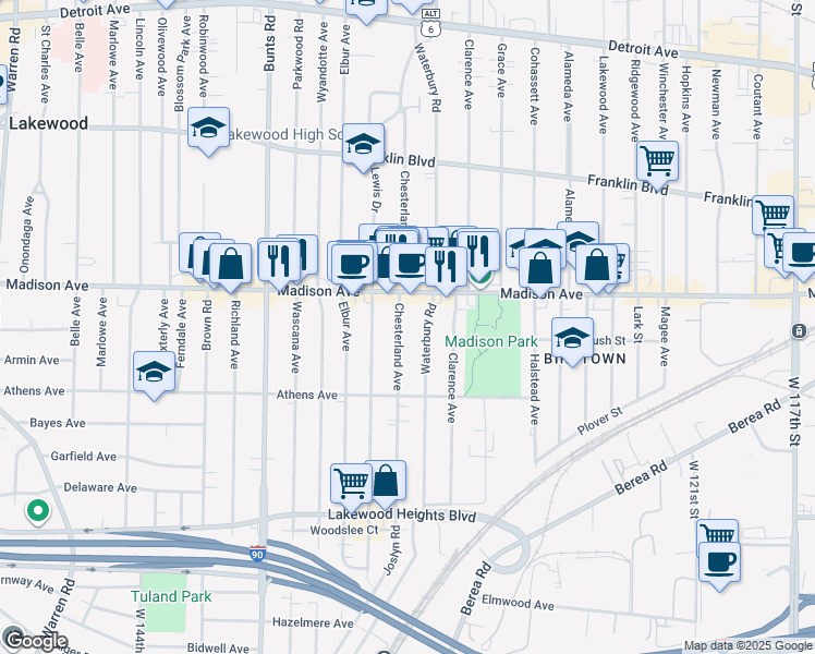 map of restaurants, bars, coffee shops, grocery stores, and more near 2012 Chesterland Avenue in Lakewood