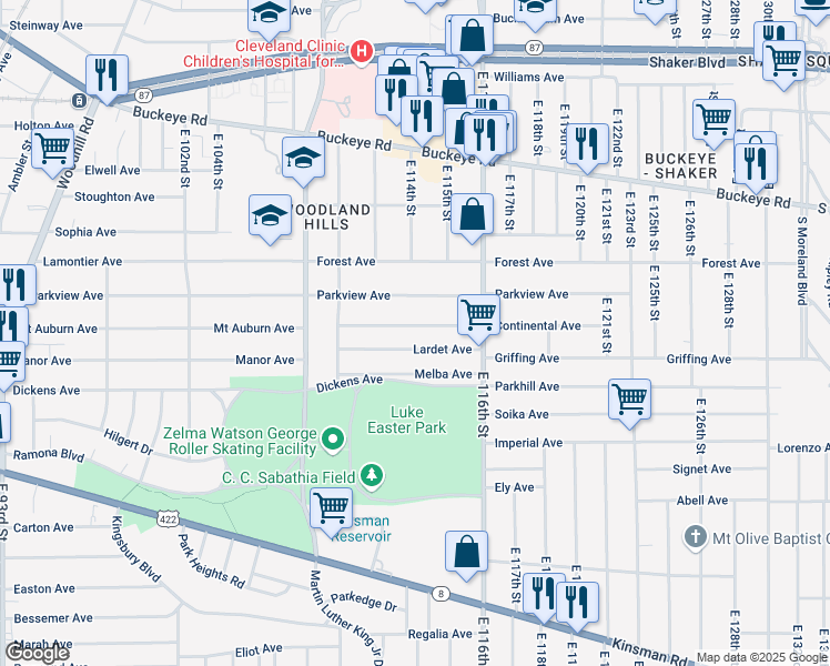 map of restaurants, bars, coffee shops, grocery stores, and more near 11309 Continental Avenue in Cleveland