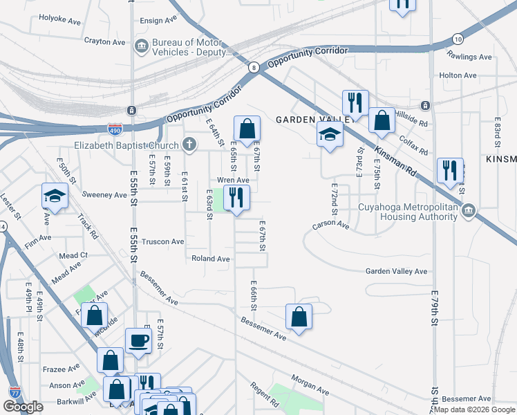 map of restaurants, bars, coffee shops, grocery stores, and more near 6541 Newman Avenue in Cleveland