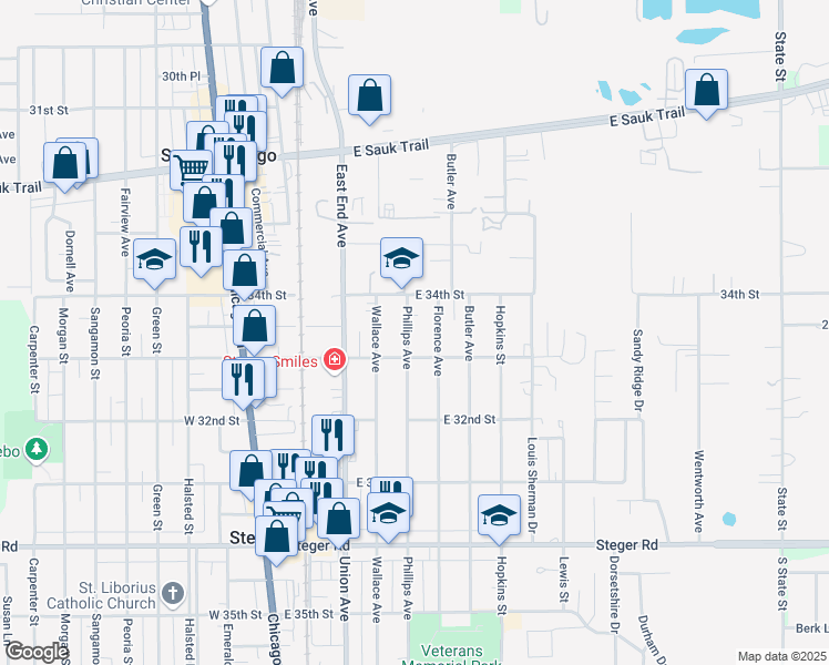 map of restaurants, bars, coffee shops, grocery stores, and more near 3029 Phillips Avenue in Steger
